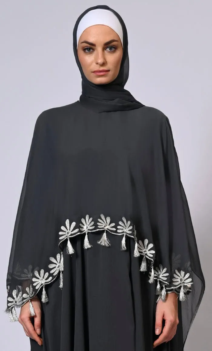 2 Pc Cape style Embroidered Grey Abaya with Scalloped Edges and Tassels Detailing - Final Sale