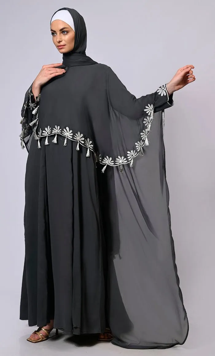 2 Pc Cape style Embroidered Grey Abaya with Scalloped Edges and Tassels Detailing - Final Sale