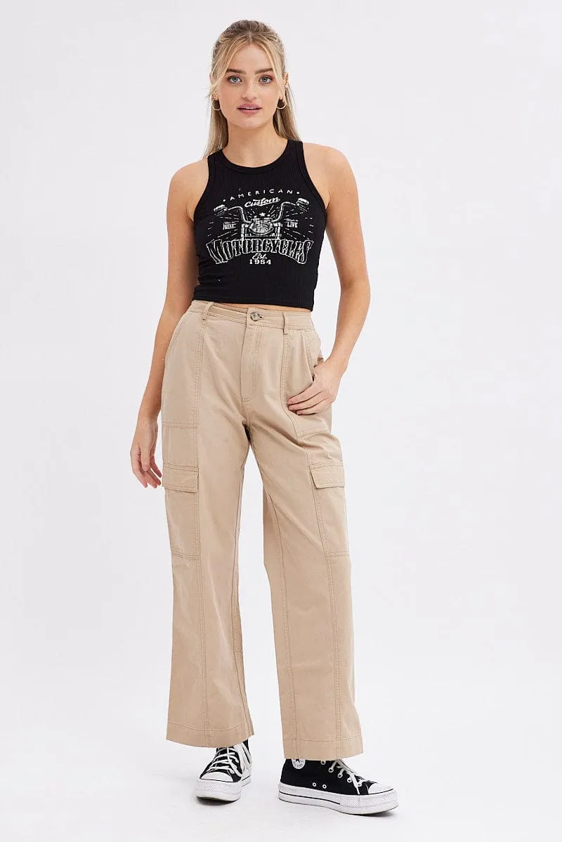 Beige Cargo Pants High Rise