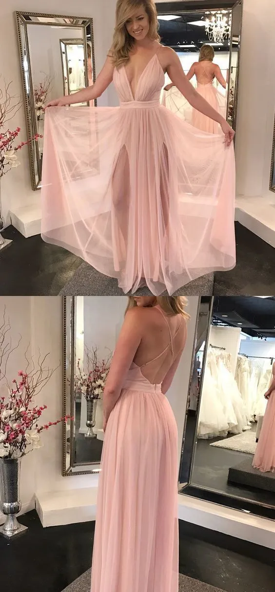 Blush Pink Flowy Side Slits Plunge V neck Sexy Party Prom Dress