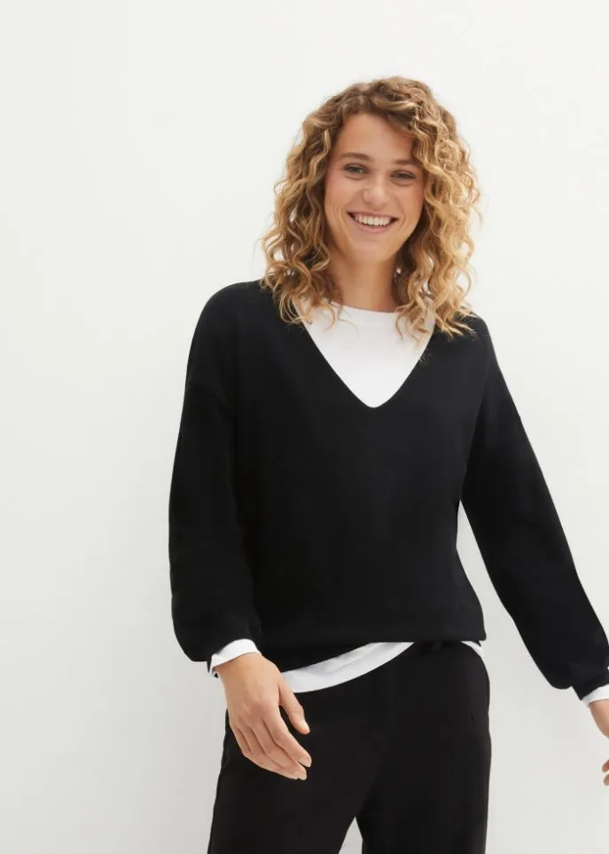 Bpc Bonprix Collection Oversized Deep V Neck Sweater, Black