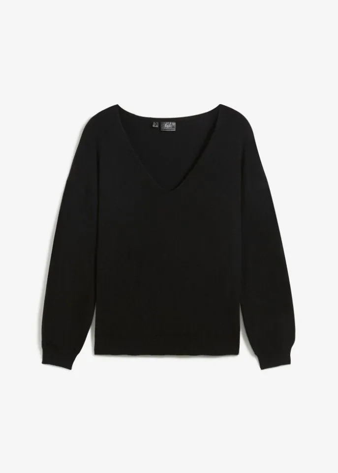 Bpc Bonprix Collection Oversized Deep V Neck Sweater, Black