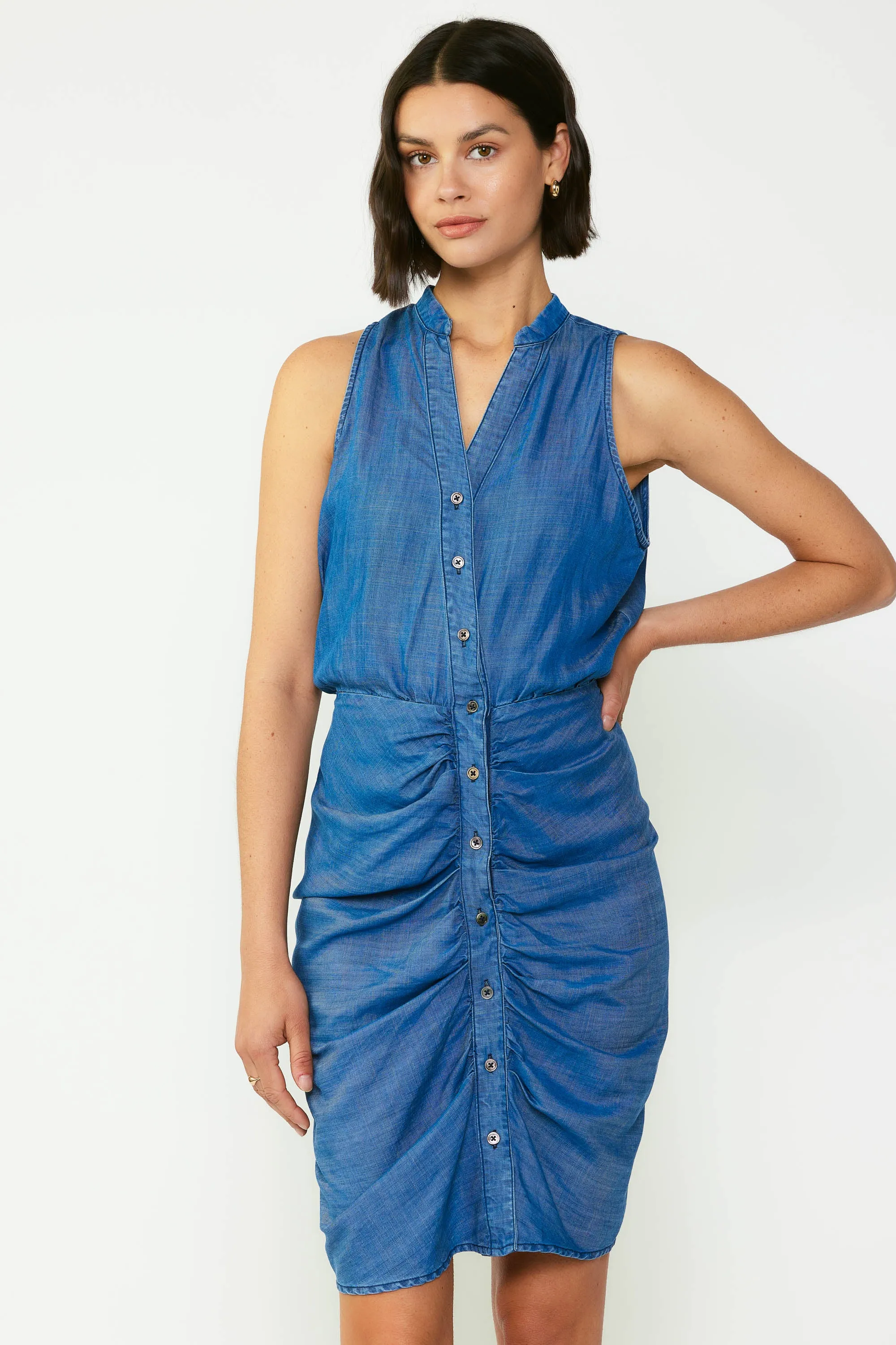 Chambray Ruched Mini Dress