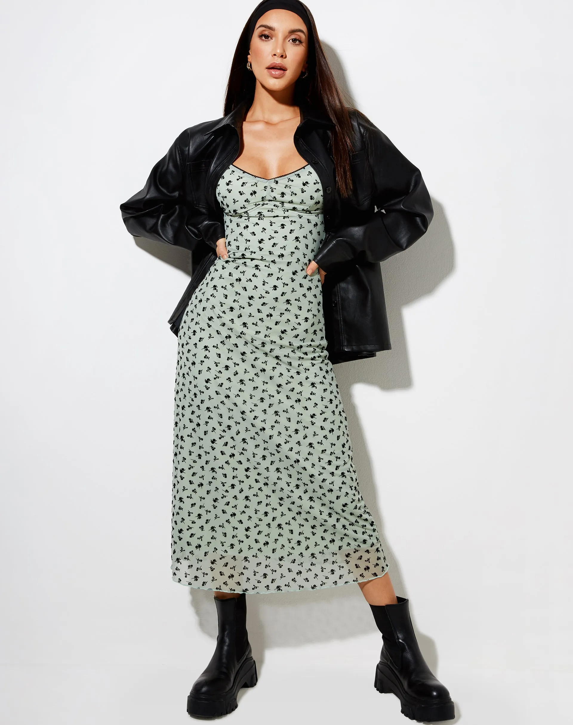 Cotina Midi Dress in Sage Flower Buds Black Flock