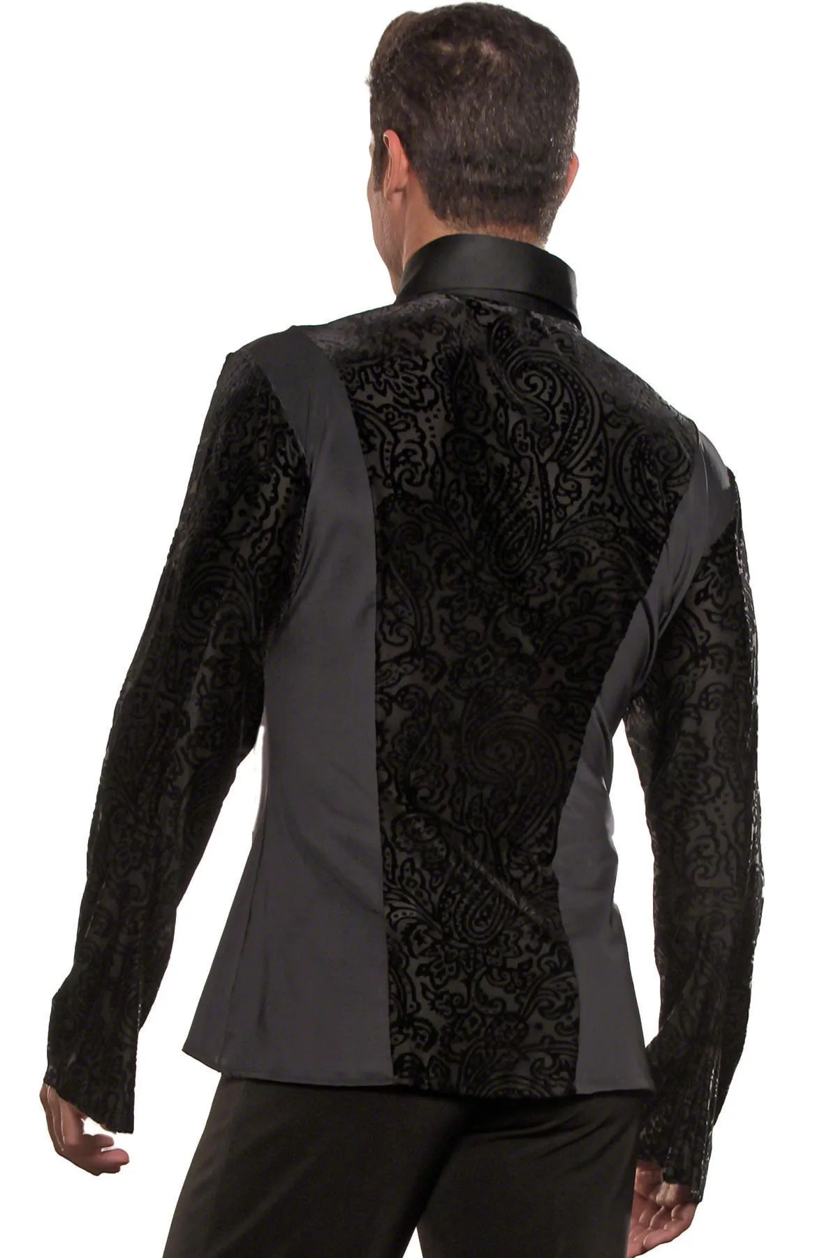 Dance America MS22 Men's Collared Ballroom Shirt with Velvet Burnout Inset without Trunks in Stock