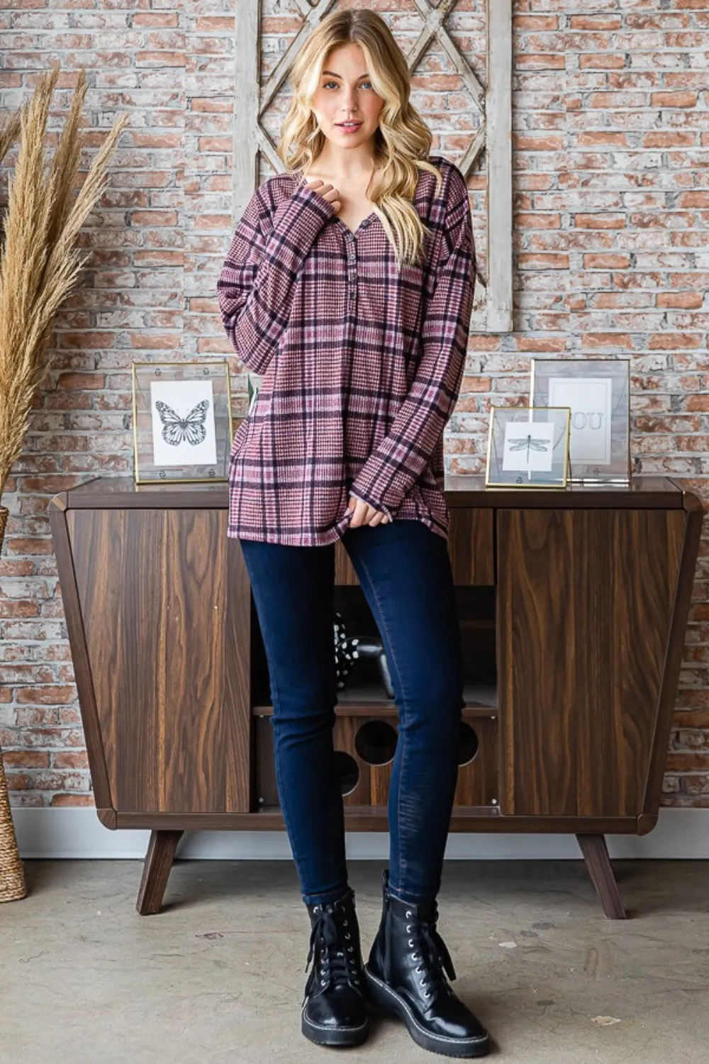 Full Size Plaid V-Neck Long Sleeve Top