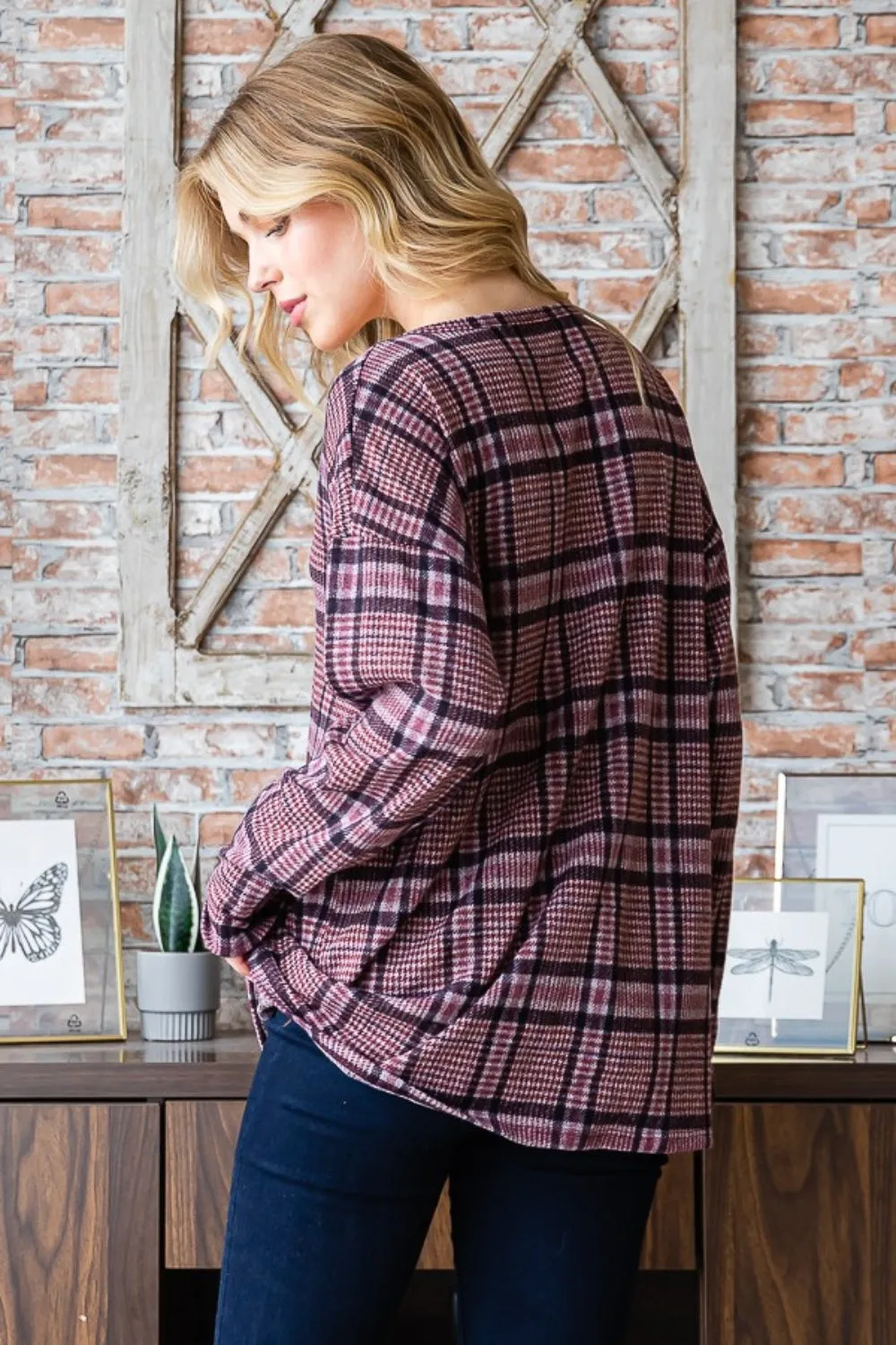 Full Size Plaid V-Neck Long Sleeve Top