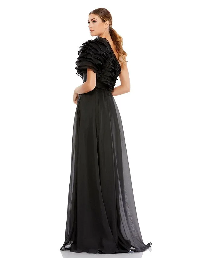 Ieena Mac Duggal Women's One Shoulder Ruffle Layered Dress Black