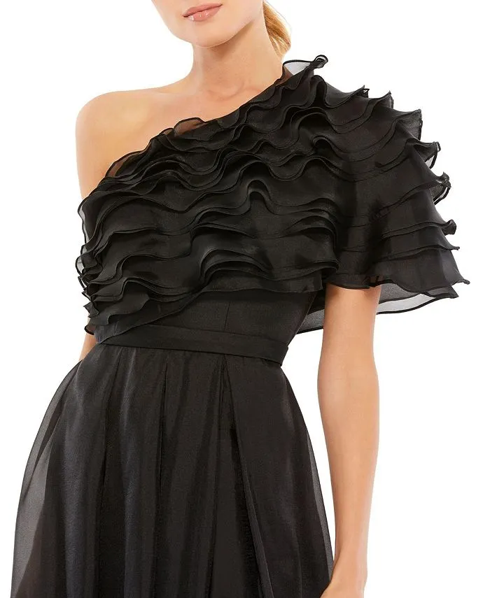 Ieena Mac Duggal Women's One Shoulder Ruffle Layered Dress Black