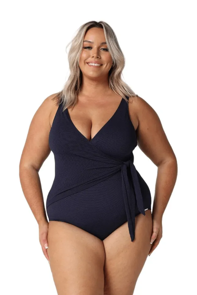 Navy Honey Comb Waist Tie One Piece