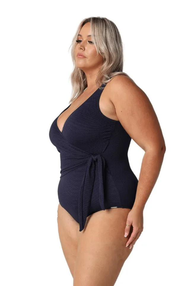 Navy Honey Comb Waist Tie One Piece