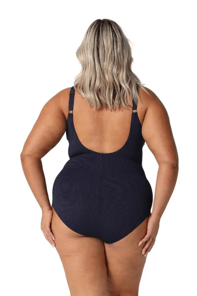 Navy Honey Comb Waist Tie One Piece