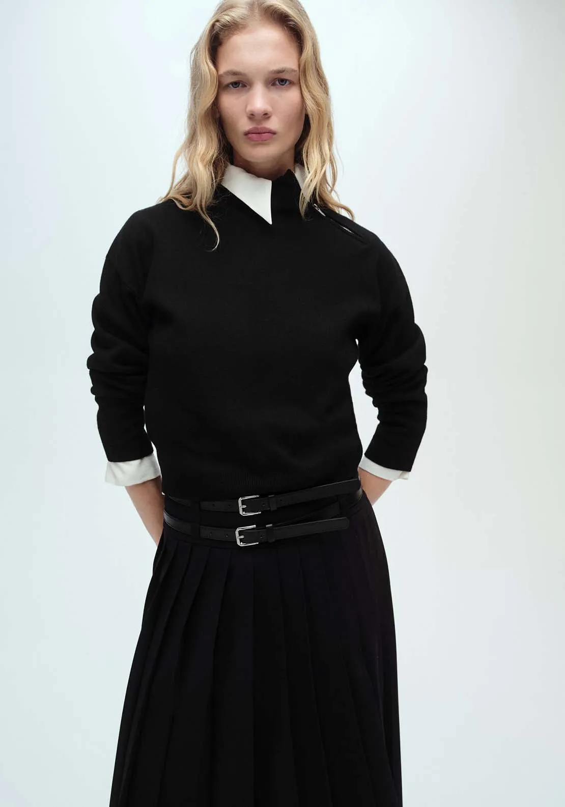 Perkins-neck sweater with zip - Black