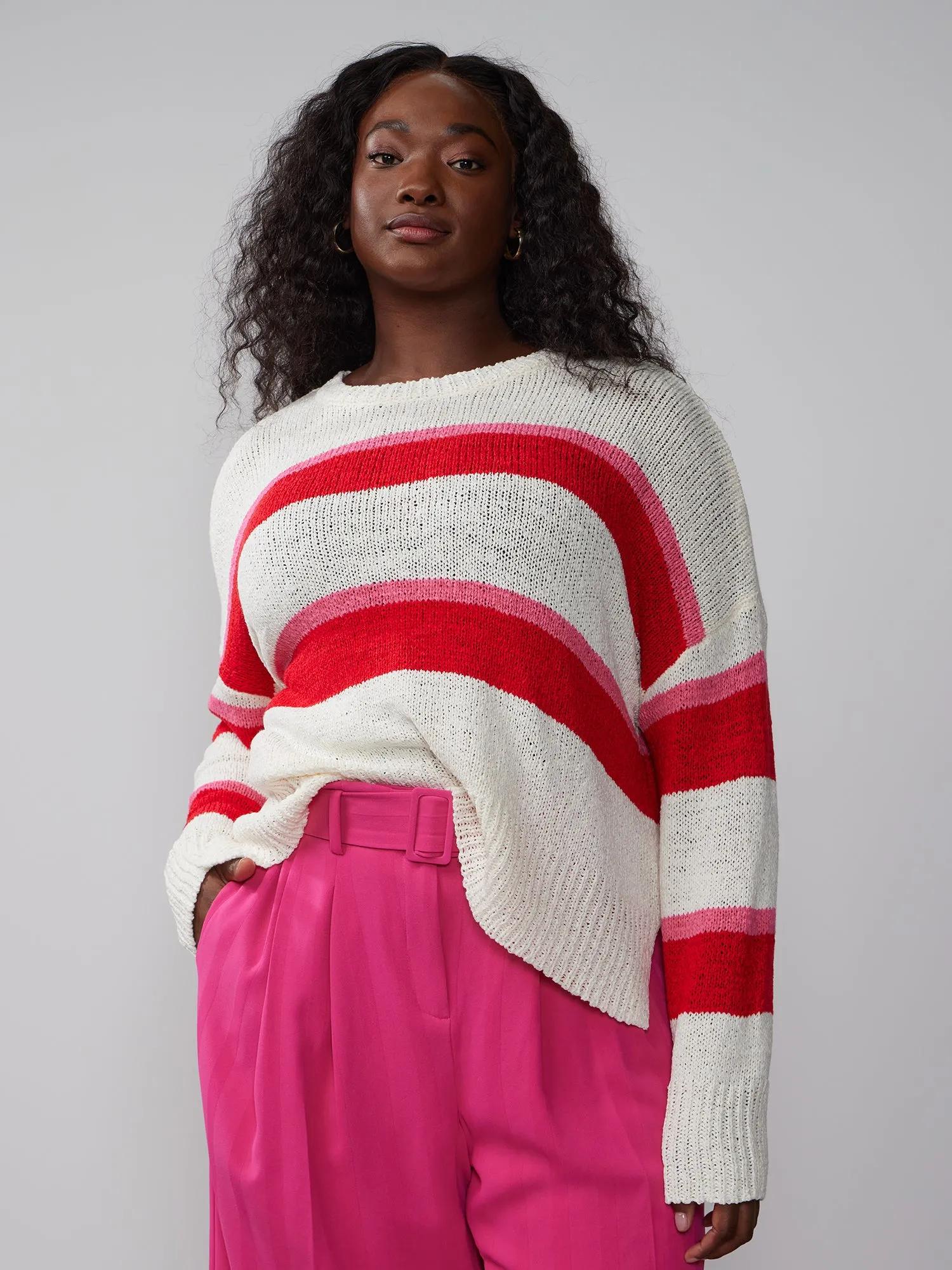 Plus Long Sleeve Crew Neck Striped Pullover