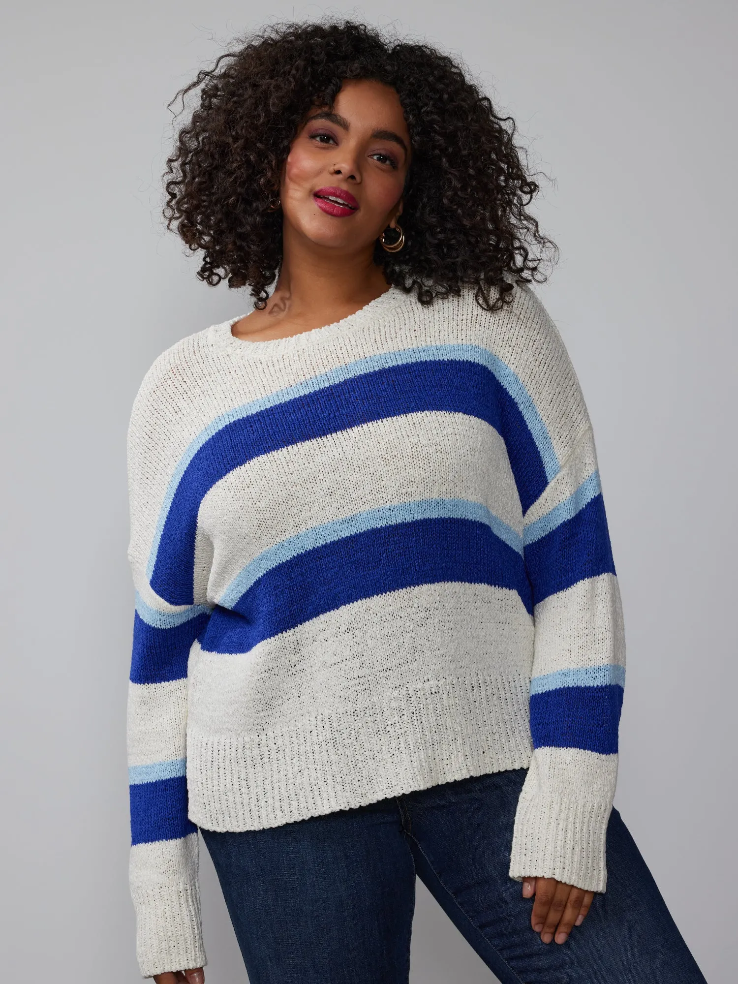 Plus Long Sleeve Crew Neck Striped Pullover