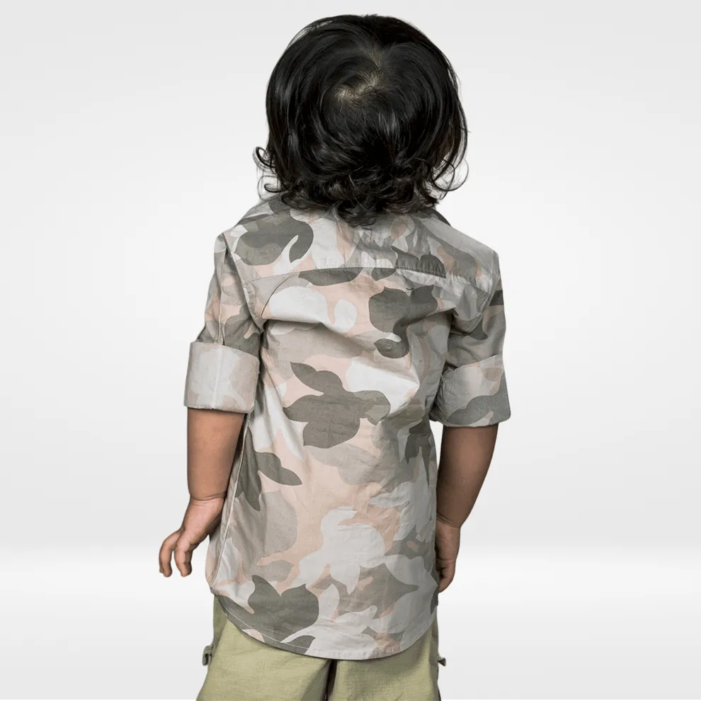 Polka Tots Full sleeve camouflage shirt - Grey and Pink