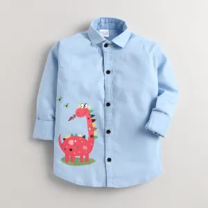 Polka Tots Full Sleeves Red Dinosaur Print Shirt - Blue