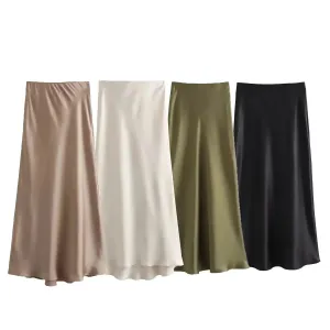 Satin A-Line Midi Skirt for Women – High Waist, Mid-Calf Length