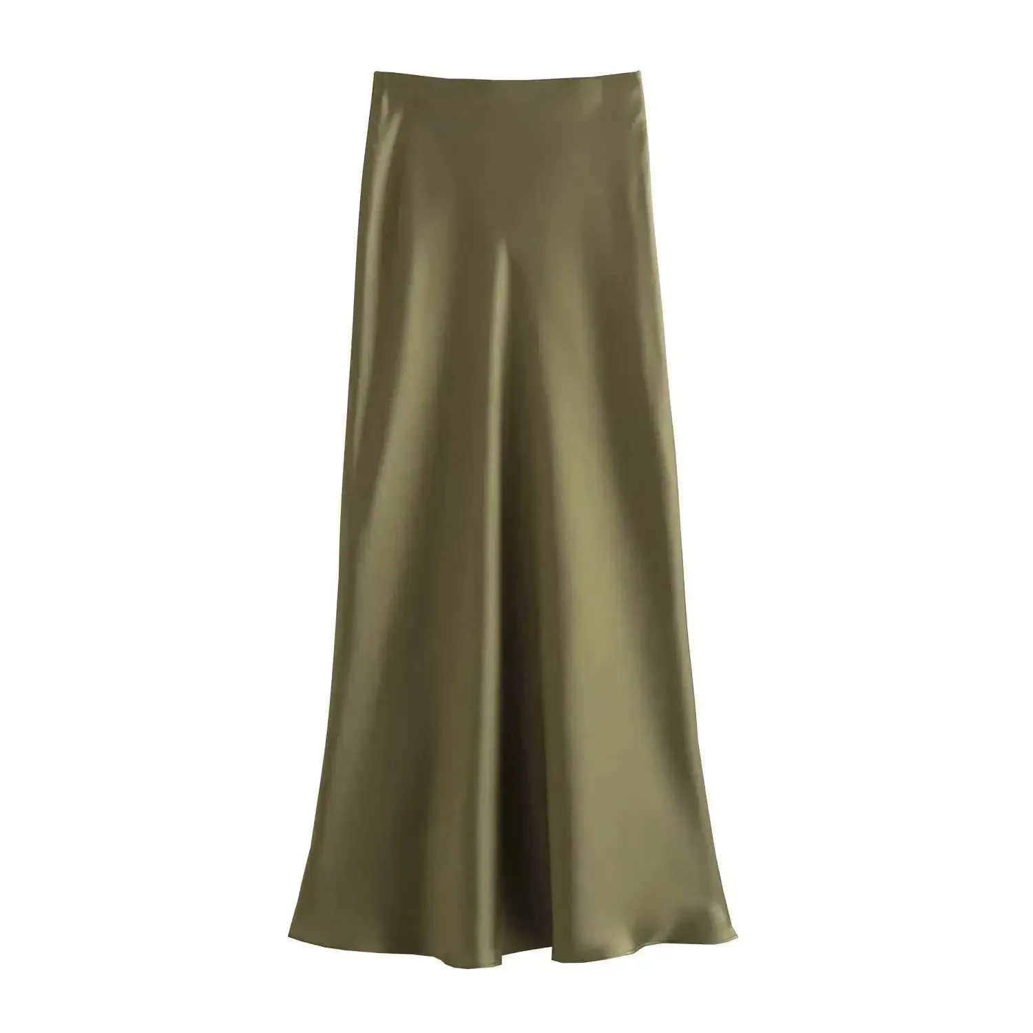 Satin A-Line Midi Skirt for Women – High Waist, Mid-Calf Length