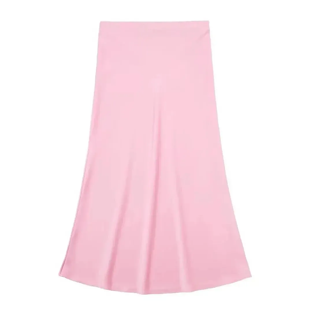 Satin A-Line Midi Skirt for Women – High Waist, Mid-Calf Length