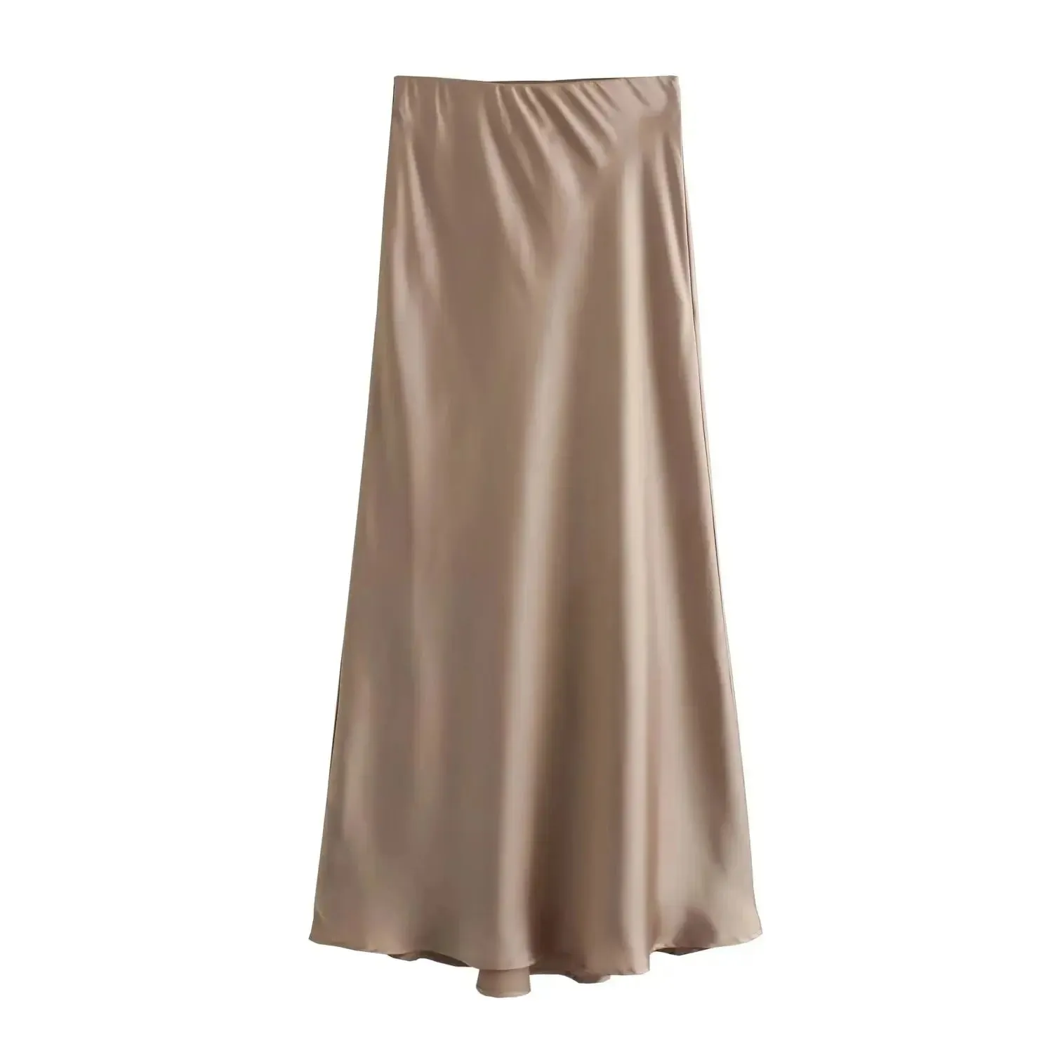 Satin A-Line Midi Skirt for Women – High Waist, Mid-Calf Length