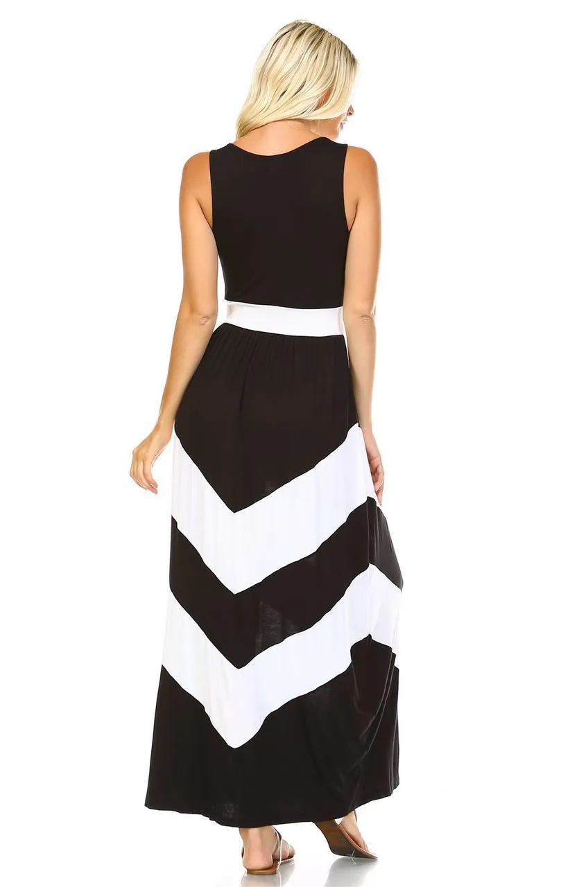 Sleeveless Evening Chevron Maxi Dress Black White