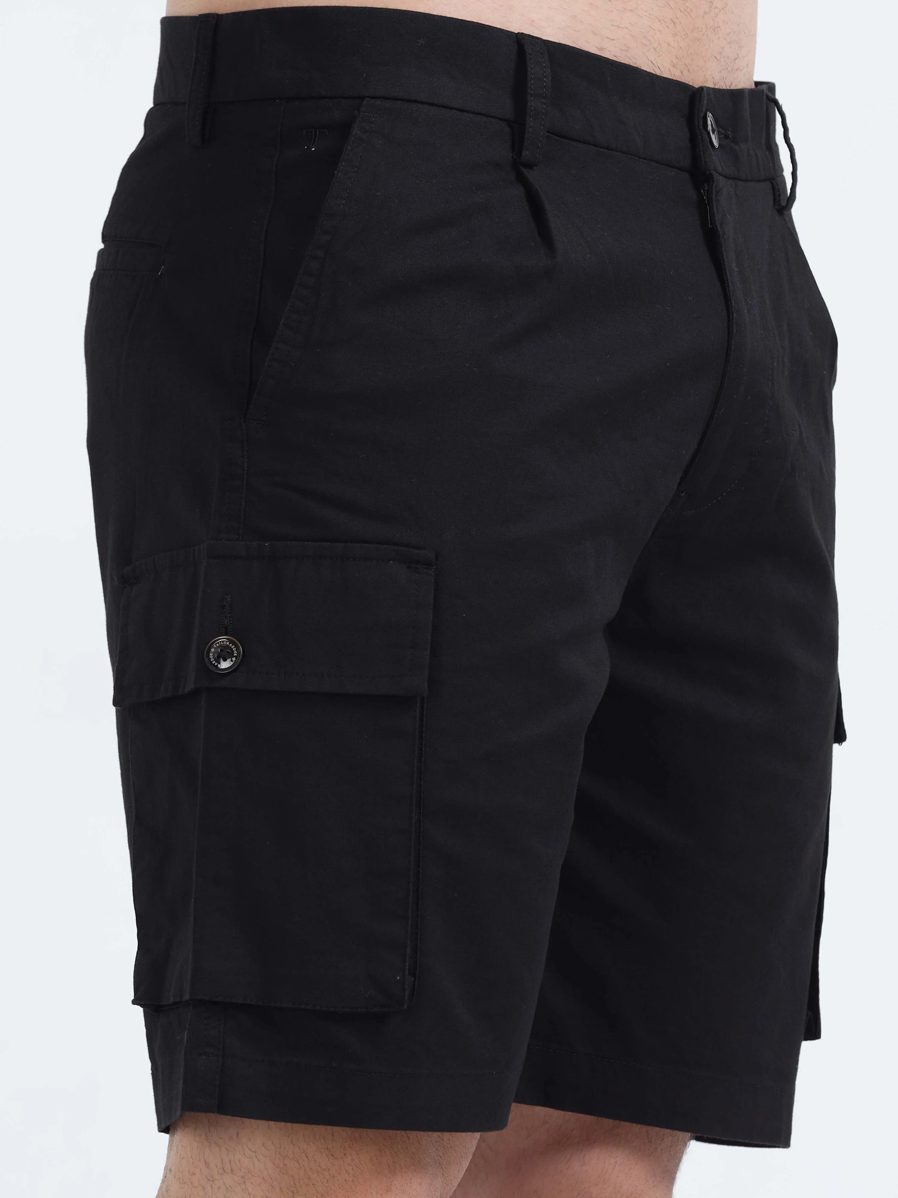 Soft Cotton Pleated Black Cargo Shorts