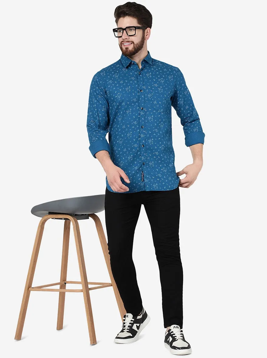 Turquoise Blue Printed Slim Fit Casual Shirt | JadeBlue